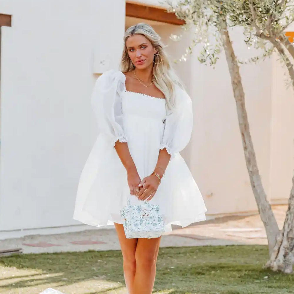 VICI LOVERS PUFF SLEEVE TULLE BABYDOLL DRESS - WHITE
